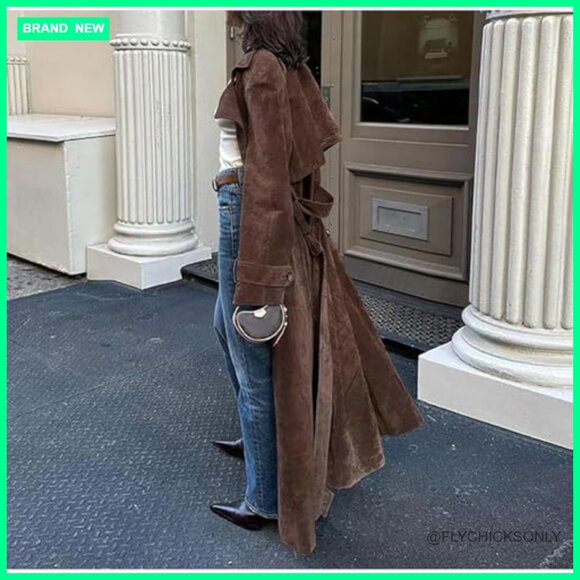 Faux Suede Long Trench Coat Notched Lapel Double Breasted Pea Coat with Belt - Picture 3 of 7